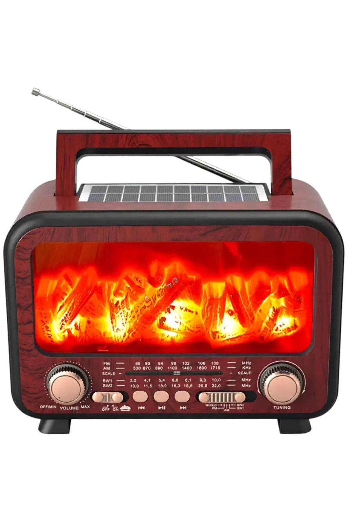 Retro Tasarım Bluetooth Radyo, Güneş Enerjili, Şömine Alev Efektli, FM/AM/USB/SD Kart Özellik