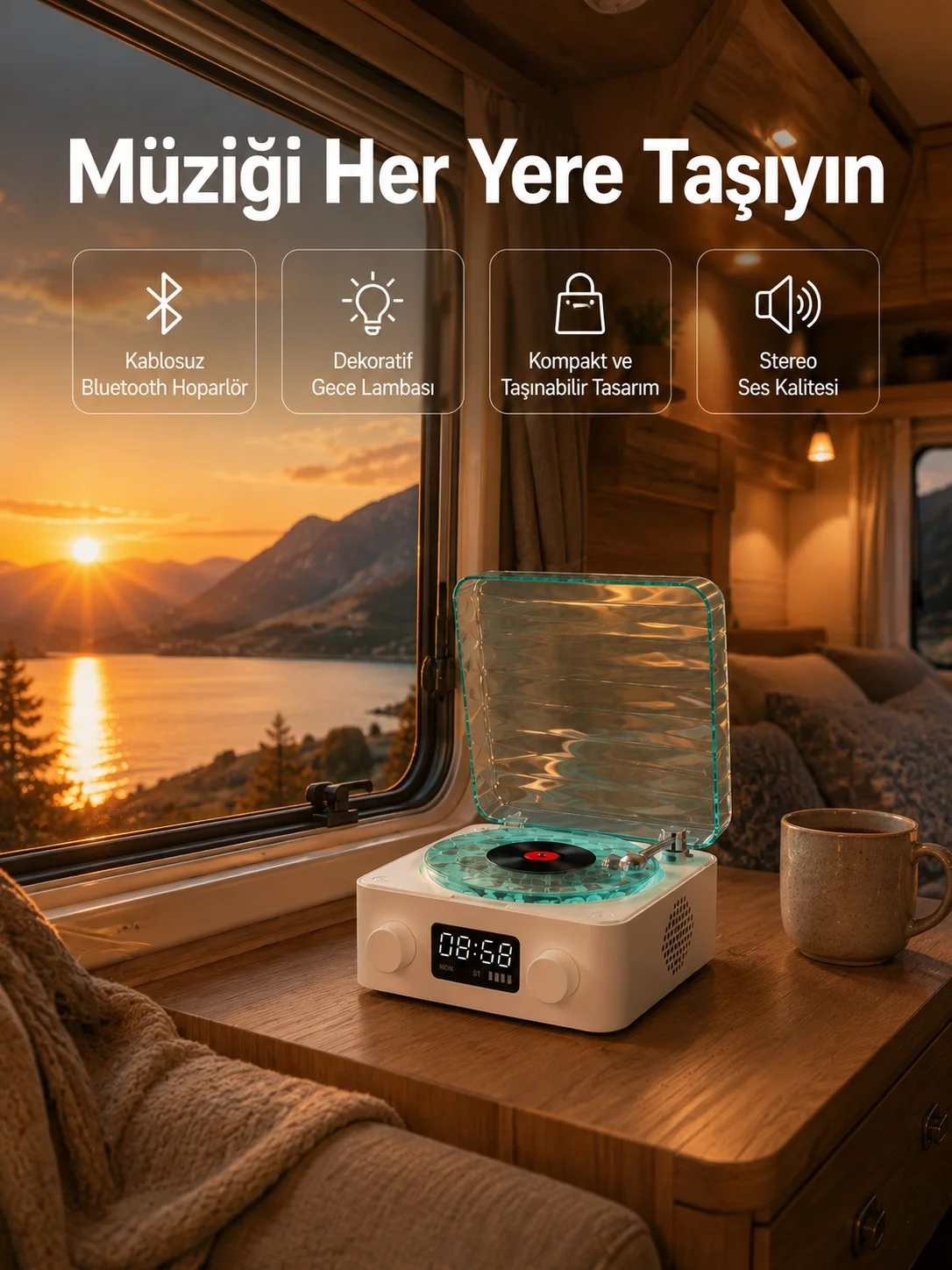 Retro Tasarımlı Gece Lambalı Bluetooth Hoparlör – Saat ve Pil Göstergeli