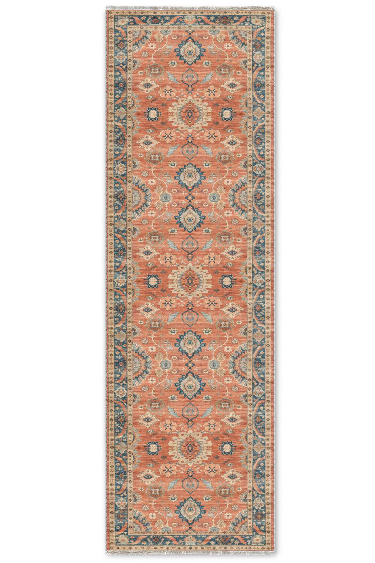 Retro Terracota Turuncu Şönil Halı Kilim Yolluk Kaymaz Yıkanabili