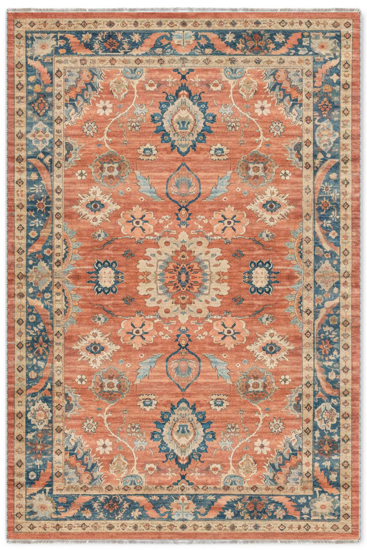 Retro Terracota Turuncu Şönil Halı Kilim Yolluk Kaymaz Yıkanabili