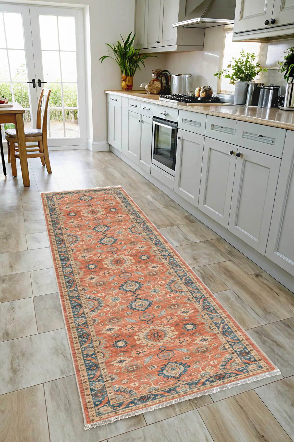 Retro Terracota Turuncu Şönil Halı Kilim Yolluk Kaymaz Yıkanabili