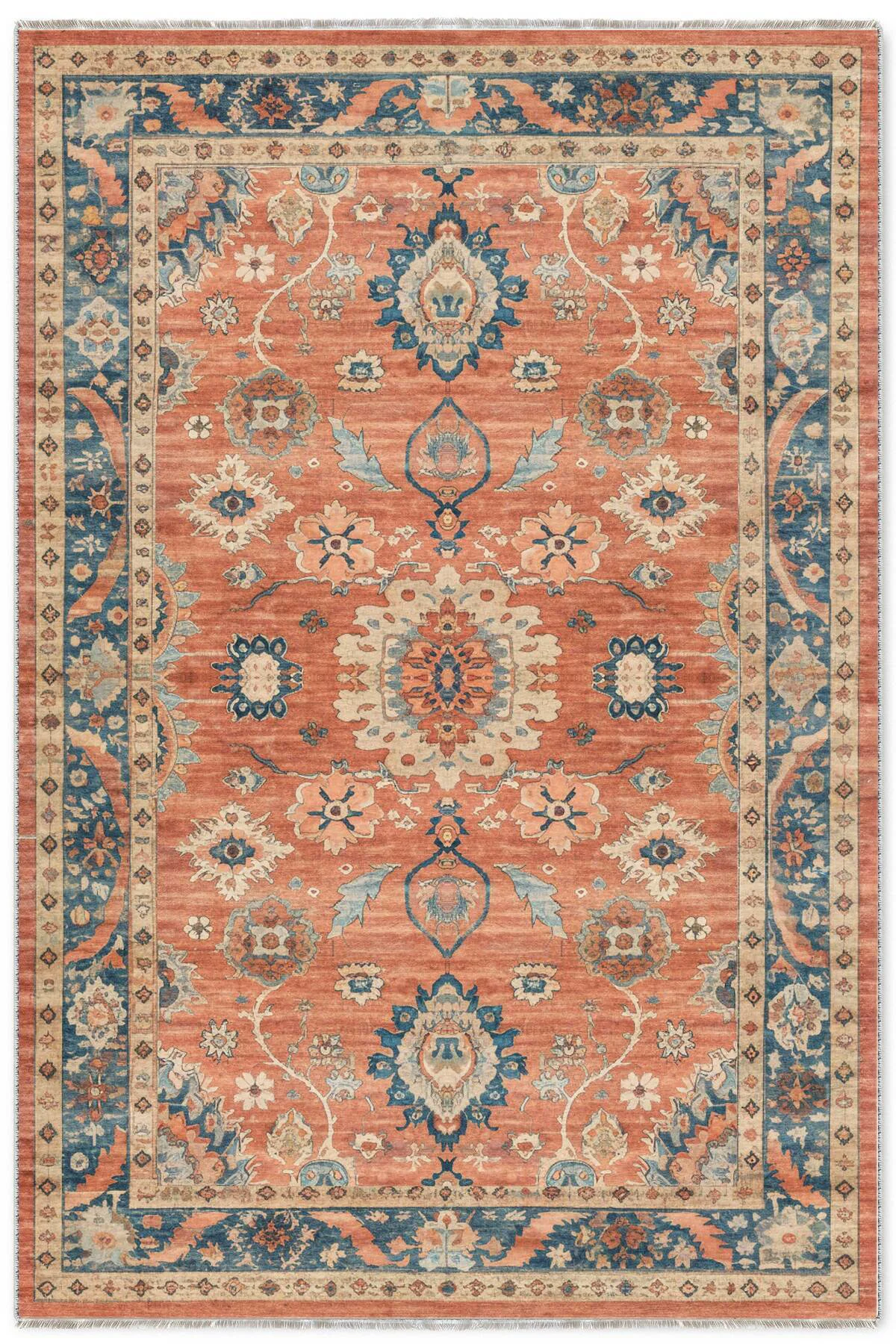 Retro Terracota Turuncu Şönil Halı Kilim Yolluk Kaymaz Yıkanabili