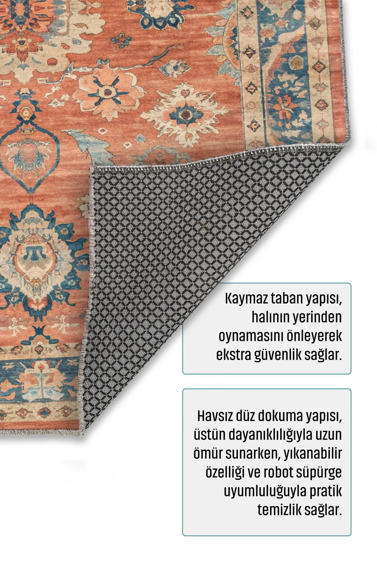 Retro Terracota Turuncu Şönil Halı Kilim Yolluk Kaymaz Yıkanabili
