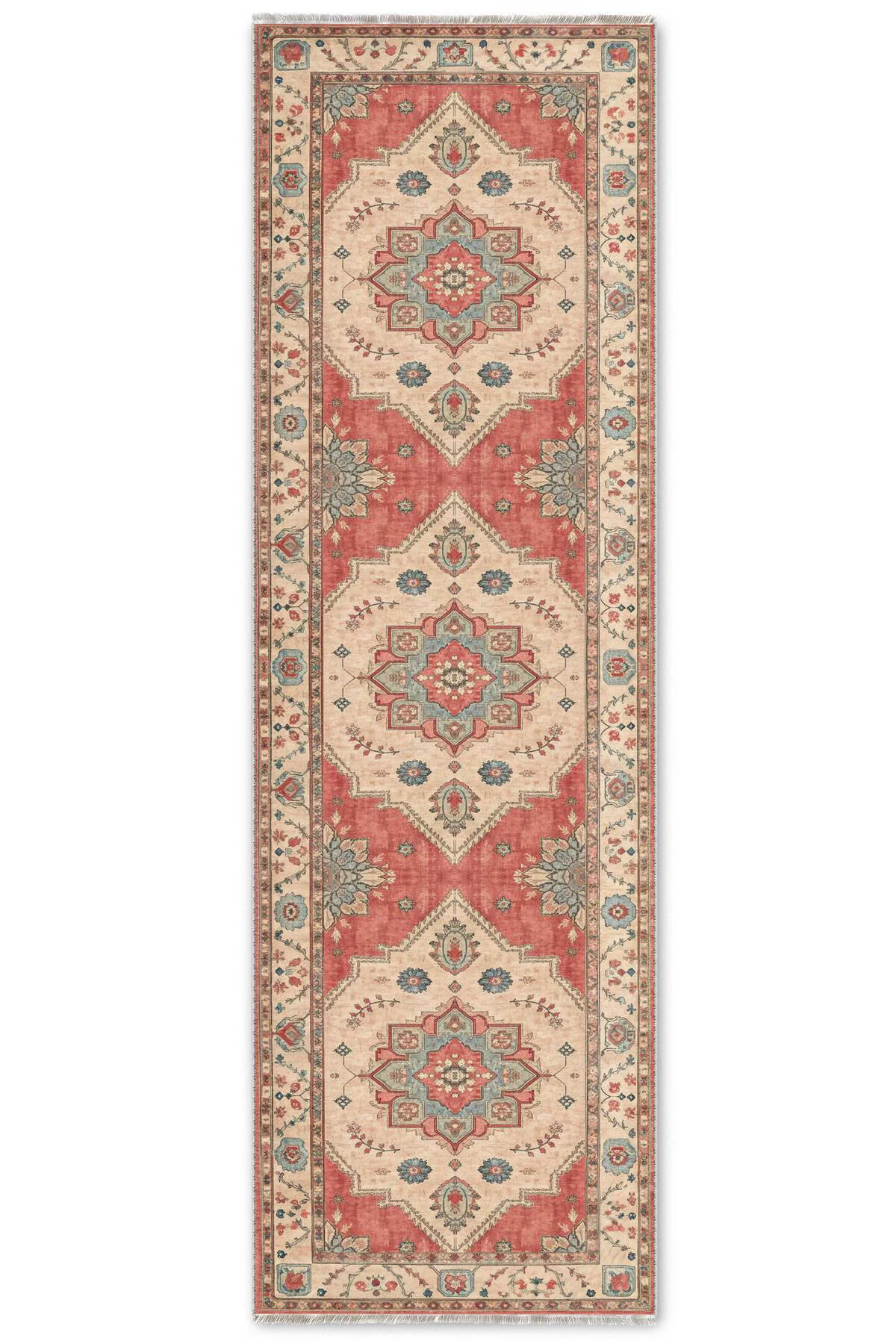 Retro Terracota Yeşil Şönil Halı Kilim Yolluk Kaymaz Yıkanabilir 