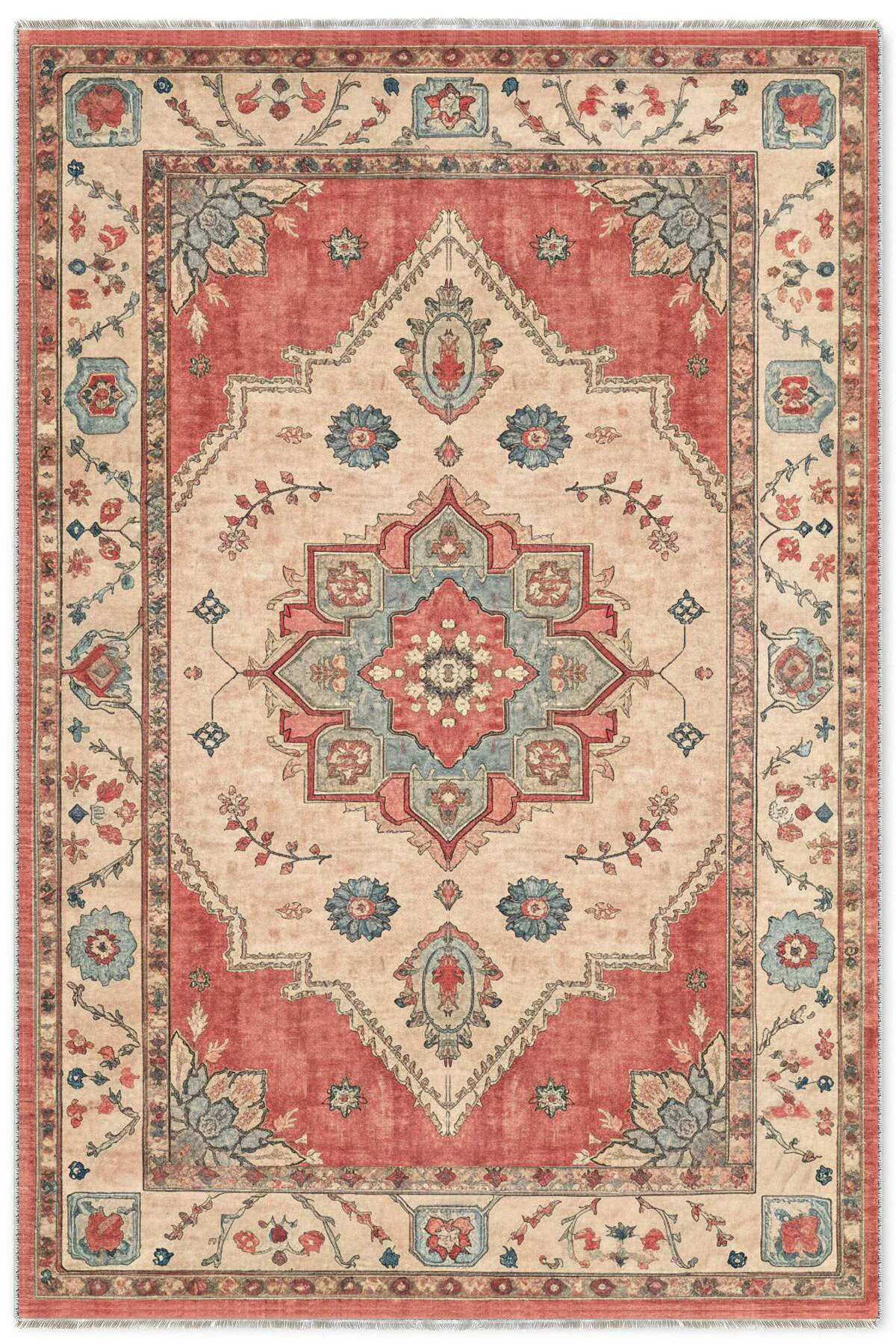 Retro Terracota Yeşil Şönil Halı Kilim Yolluk Kaymaz Yıkanabilir 