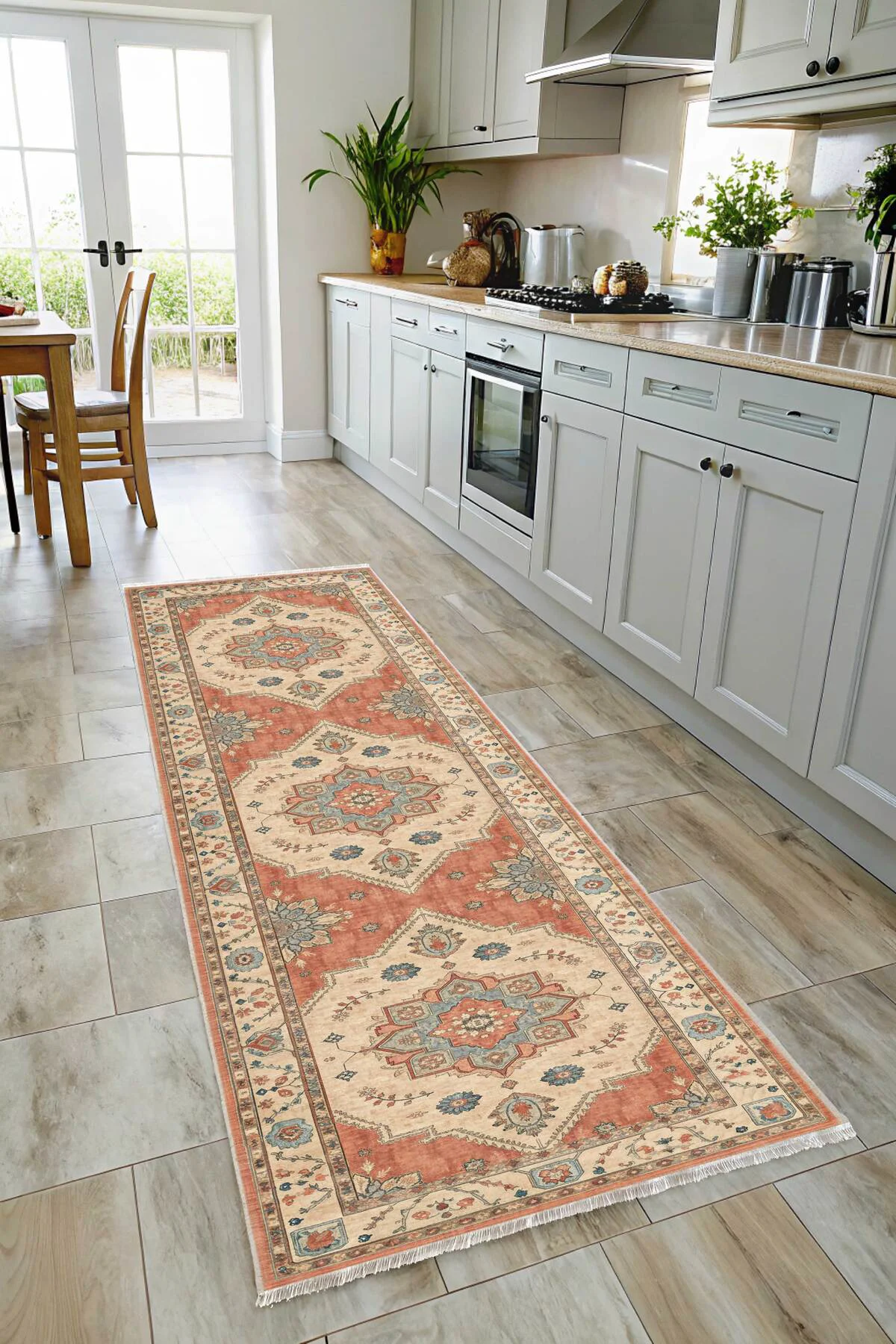 Retro Terracota Yeşil Şönil Halı Kilim Yolluk Kaymaz Yıkanabilir 