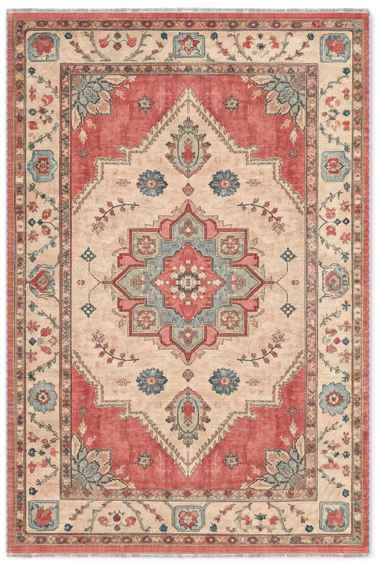 Retro Terracota Yeşil Şönil Halı Kilim Yolluk Kaymaz Yıkanabilir 