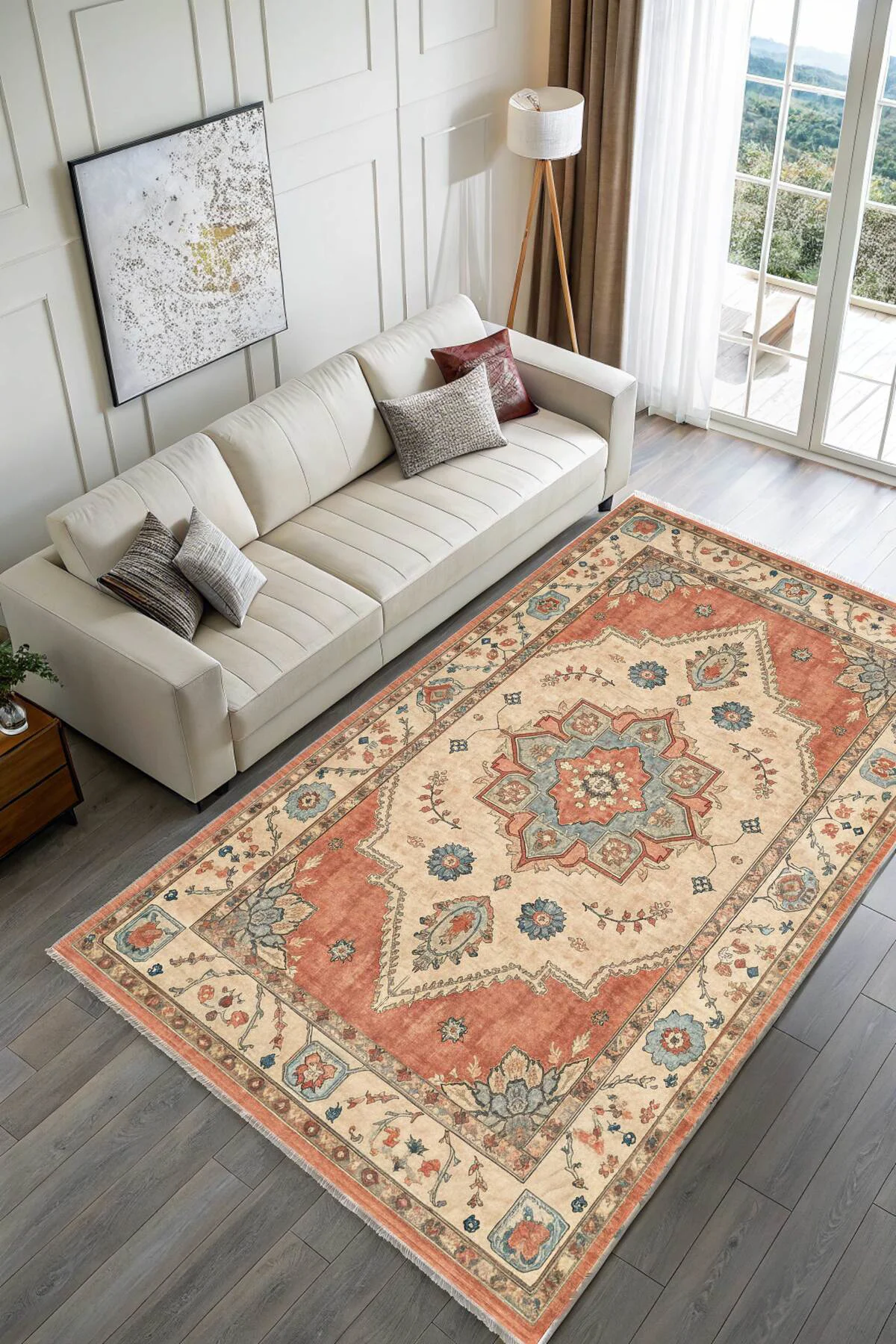 Retro Terracota Yeşil Şönil Halı Kilim Yolluk Kaymaz Yıkanabilir 
