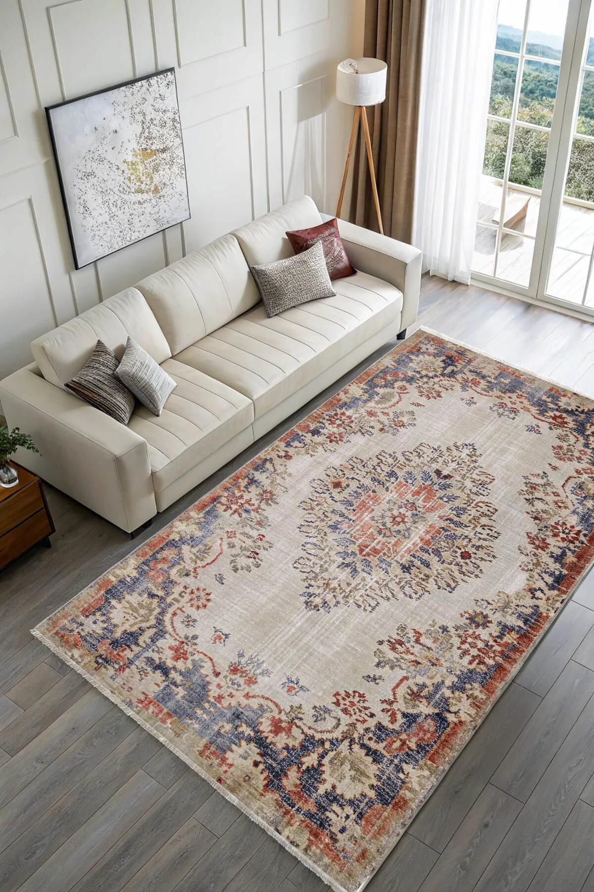 Retro Turuncu Lacivert Şönil Halı Kilim Yolluk Kaymaz Yıkanabilir