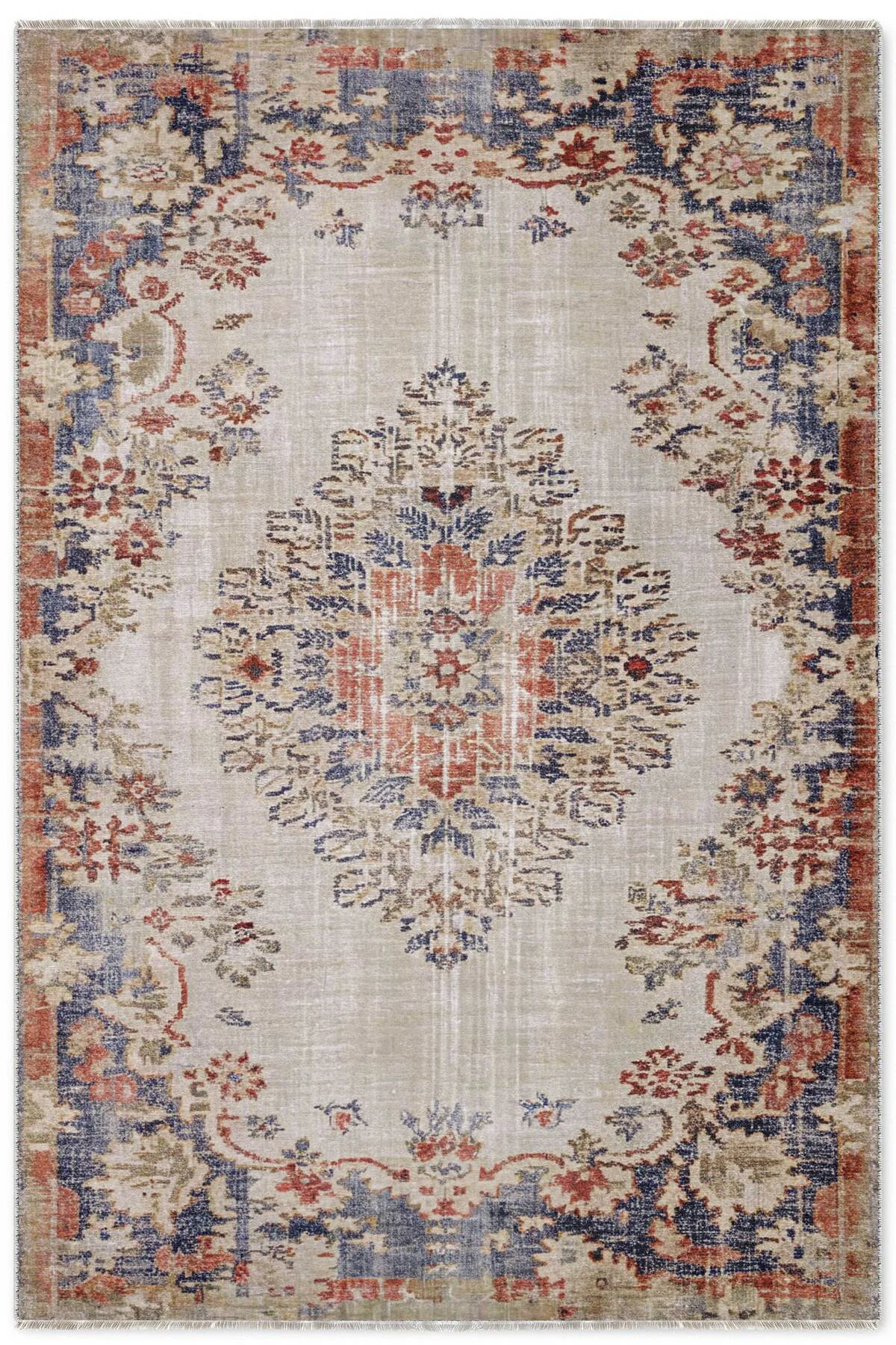 Retro Turuncu Lacivert Şönil Halı Kilim Yolluk Kaymaz Yıkanabilir