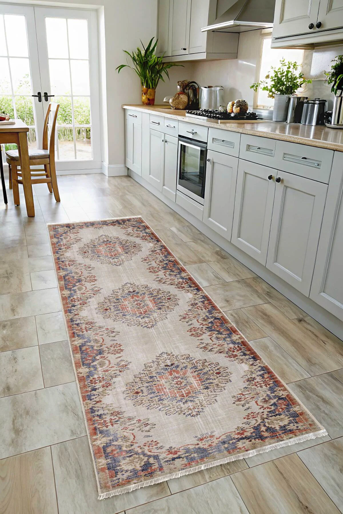 Retro Turuncu Lacivert Şönil Halı Kilim Yolluk Kaymaz Yıkanabilir