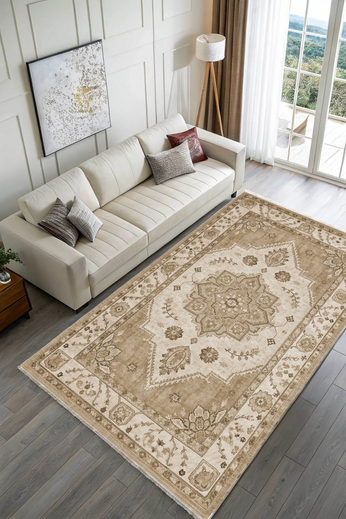 Retro Vizon Bej Şönil Halı Kilim Yolluk Kaymaz Yıkanabilir Mutfak Salon Koridor