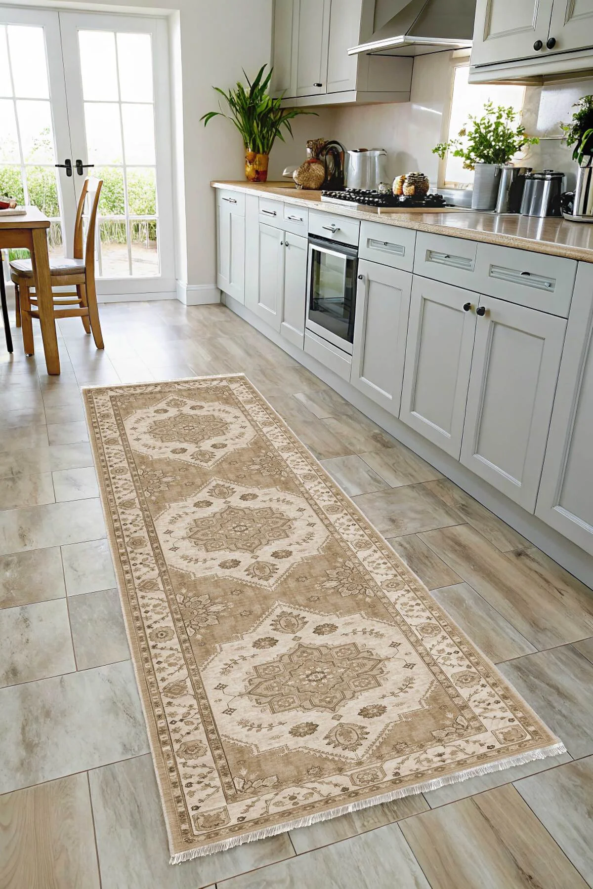 Retro Vizon Bej Şönil Halı Kilim Yolluk Kaymaz Yıkanabilir Mutfak Salon Koridor