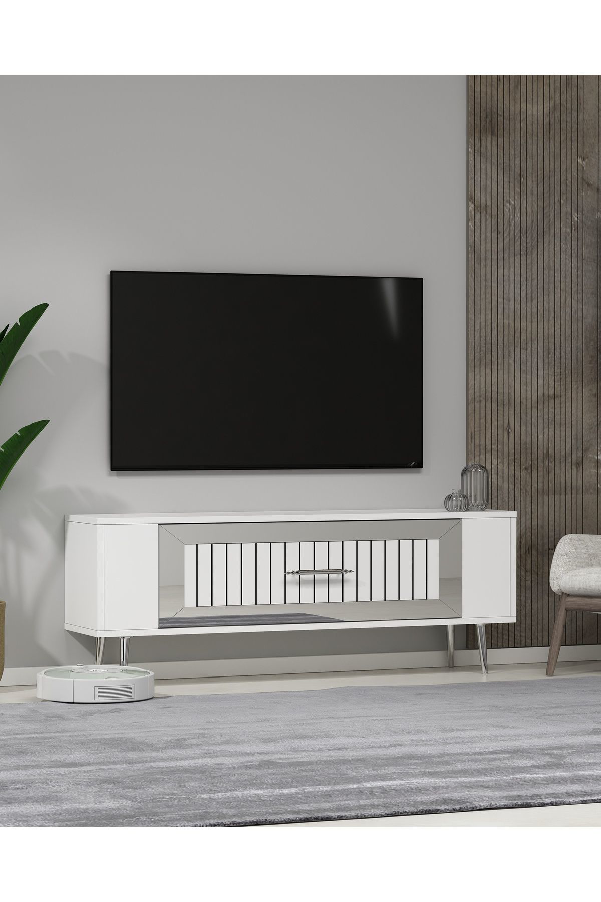 Cantek Dizayn Retrolp3ct Tv Sehpasi Beyaz-Gümüş