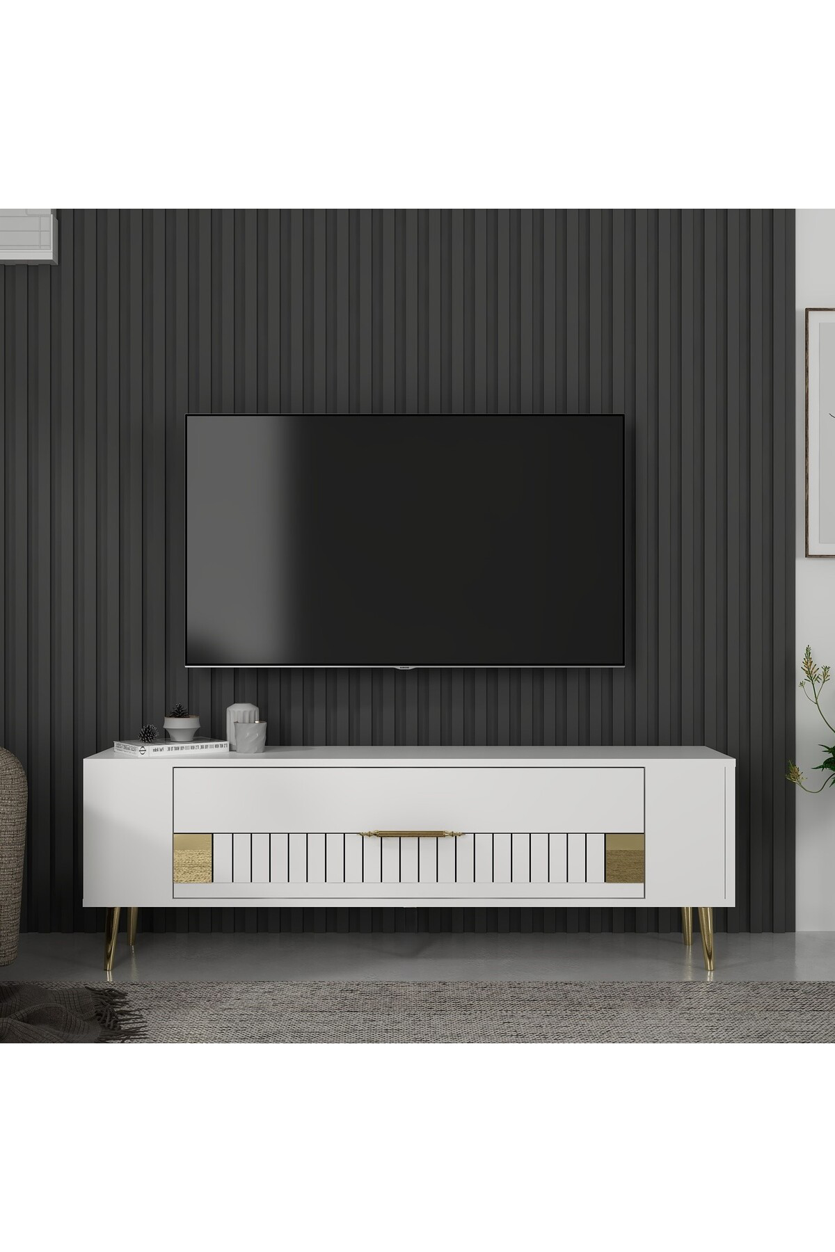 Cantek Dizayn Retrolp4ct Tv Sehpası Beyaz-Altın
