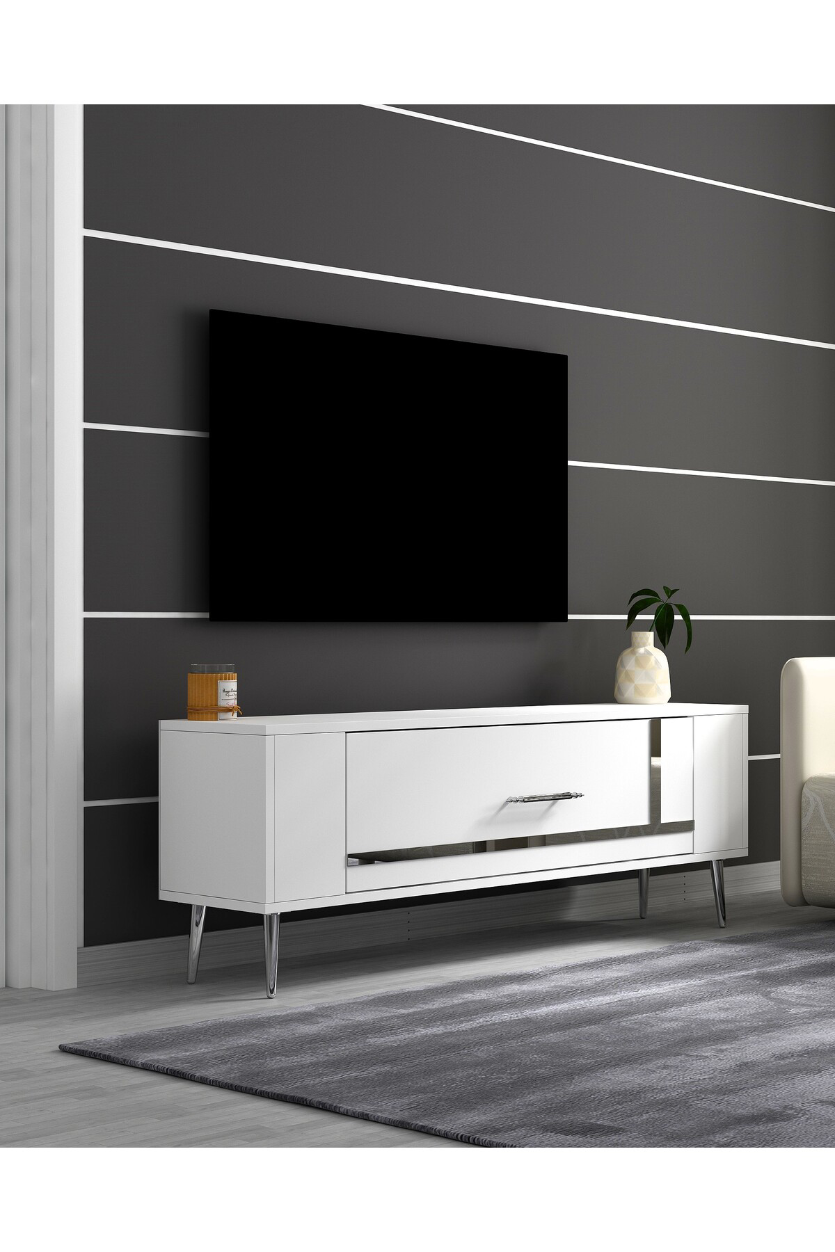 Cantek Dizayn Retrop1ct Tv Sehpasi Beyaz-Gümüş