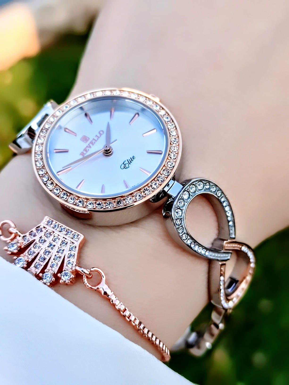 Revello Özel Bronz Kaplama Elite Modeli Swarovski Taşlı 30 Mt Su 