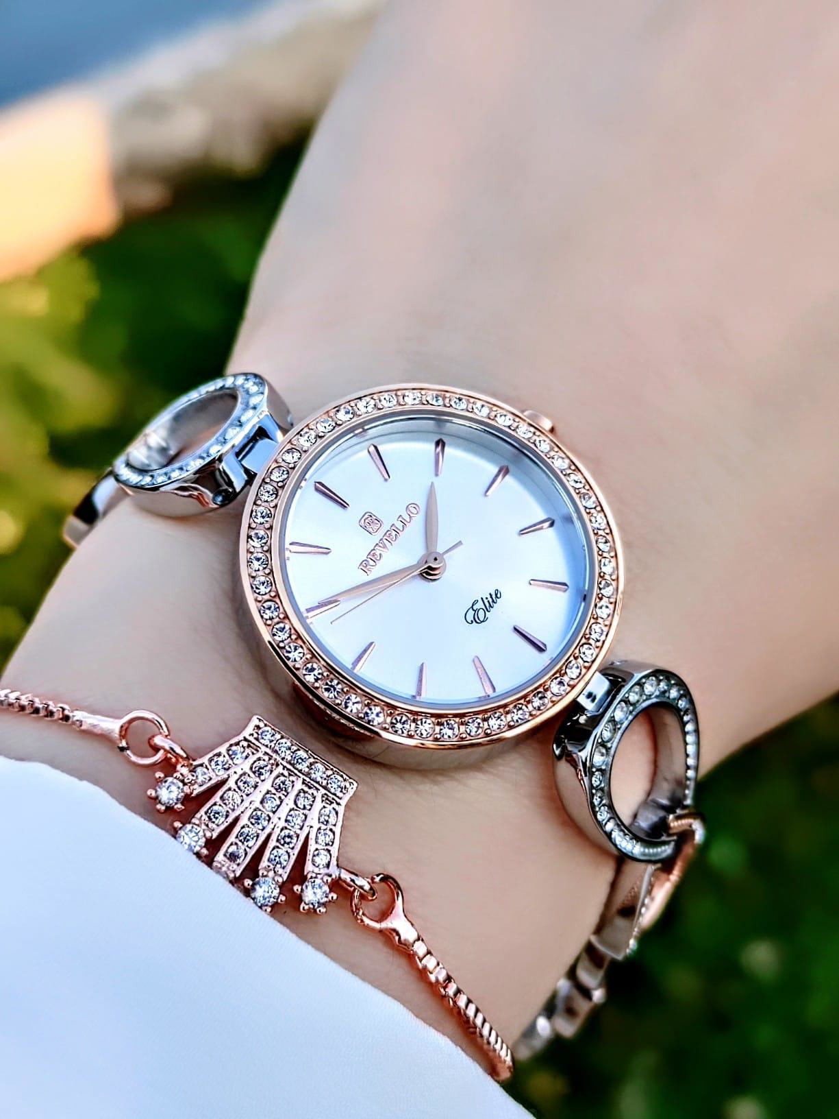 Revello Özel Bronz Kaplama Elite Modeli Swarovski Taşlı 30 Mt Su 