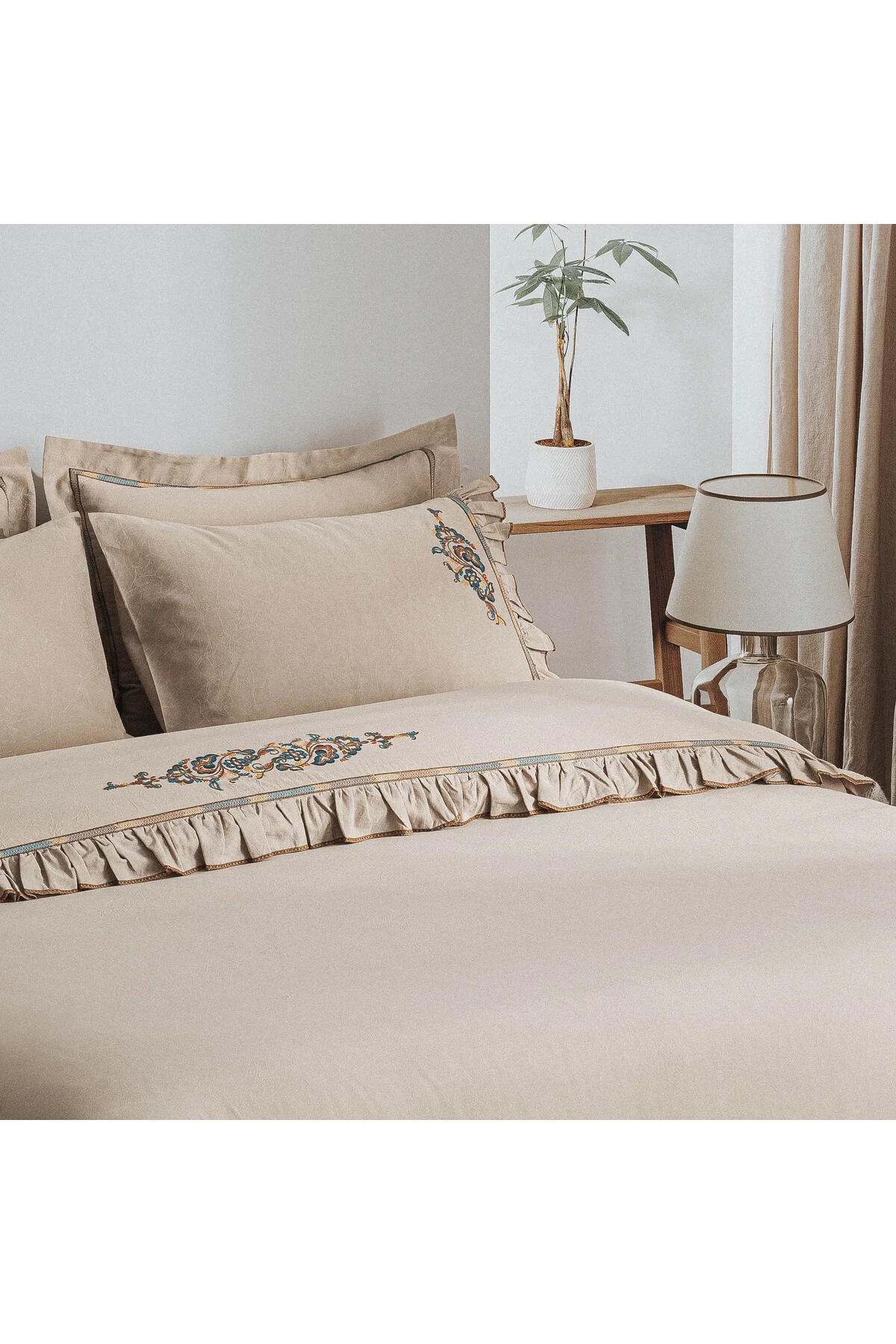 Revna Çift Kişilik Nevresim Takımı %100 Organik Pamuk Saten Parça Boya Bej 200x220 Cm