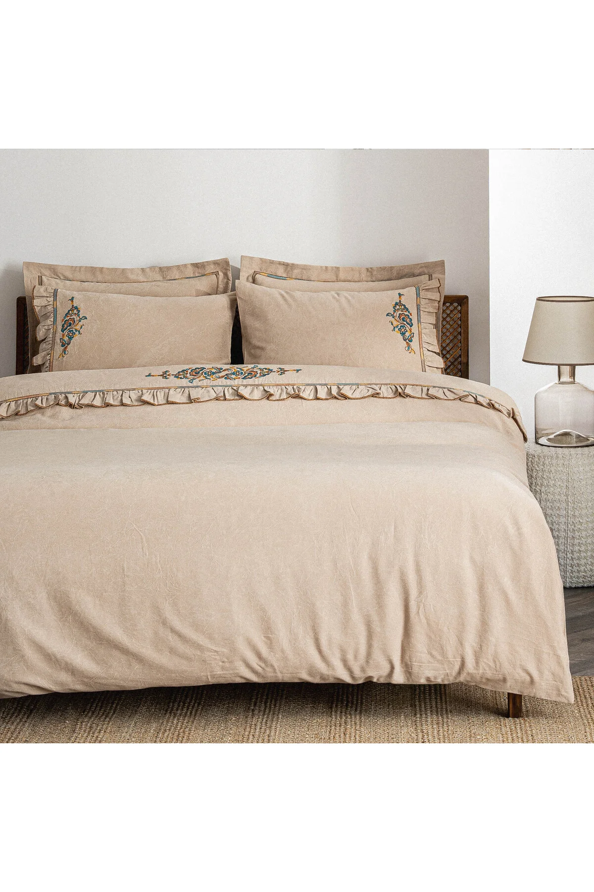 Revna Çift Kişilik Nevresim Takımı %100 Organik Pamuk Saten Parça Boya Bej 200x220 Cm