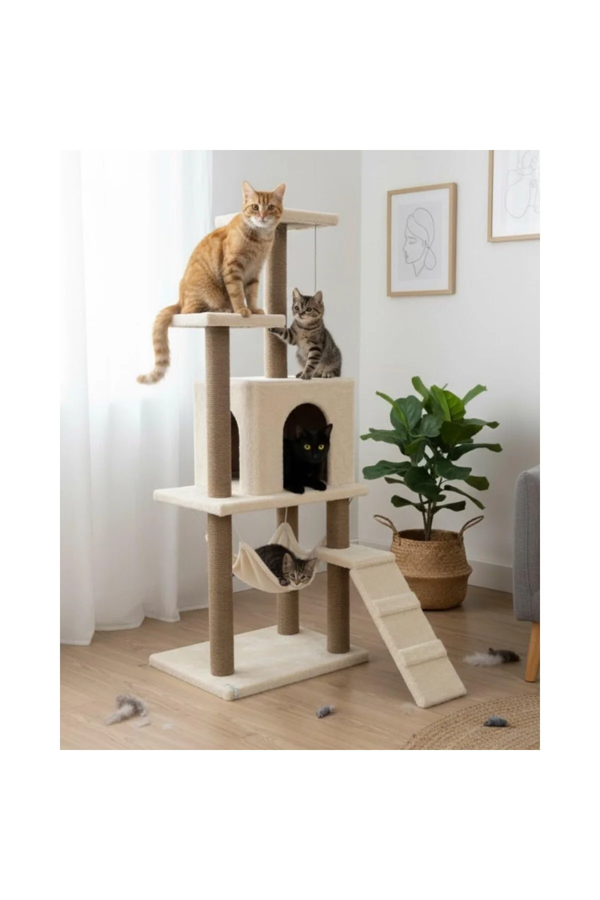 Reyo Pet B-07 Hamaklı Yuvalı Lüx Kedi Tırmalama Oyun Evi Beyaz