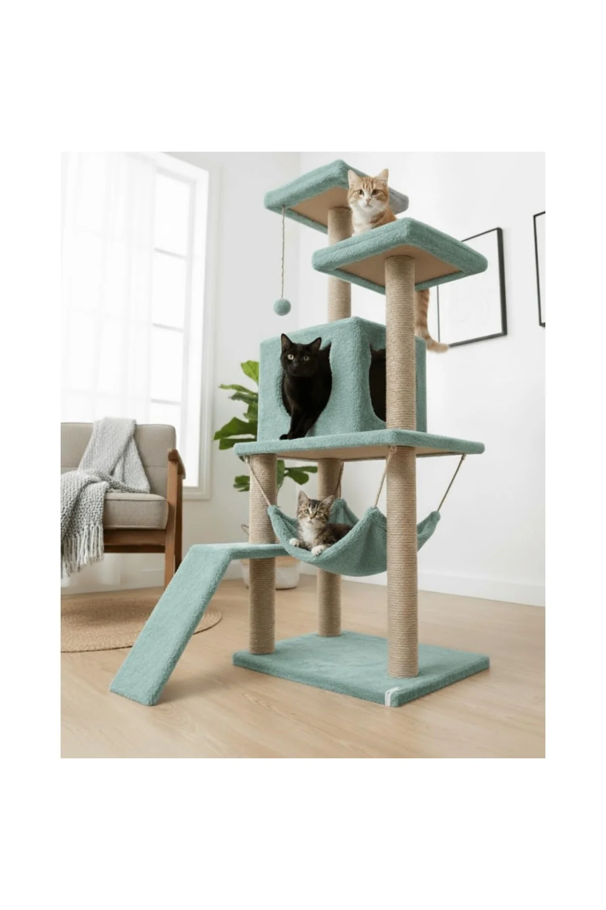 Reyo Pet S9 Kedi Tırmalama Kulesi Platformlu 124 cm Turkuaz