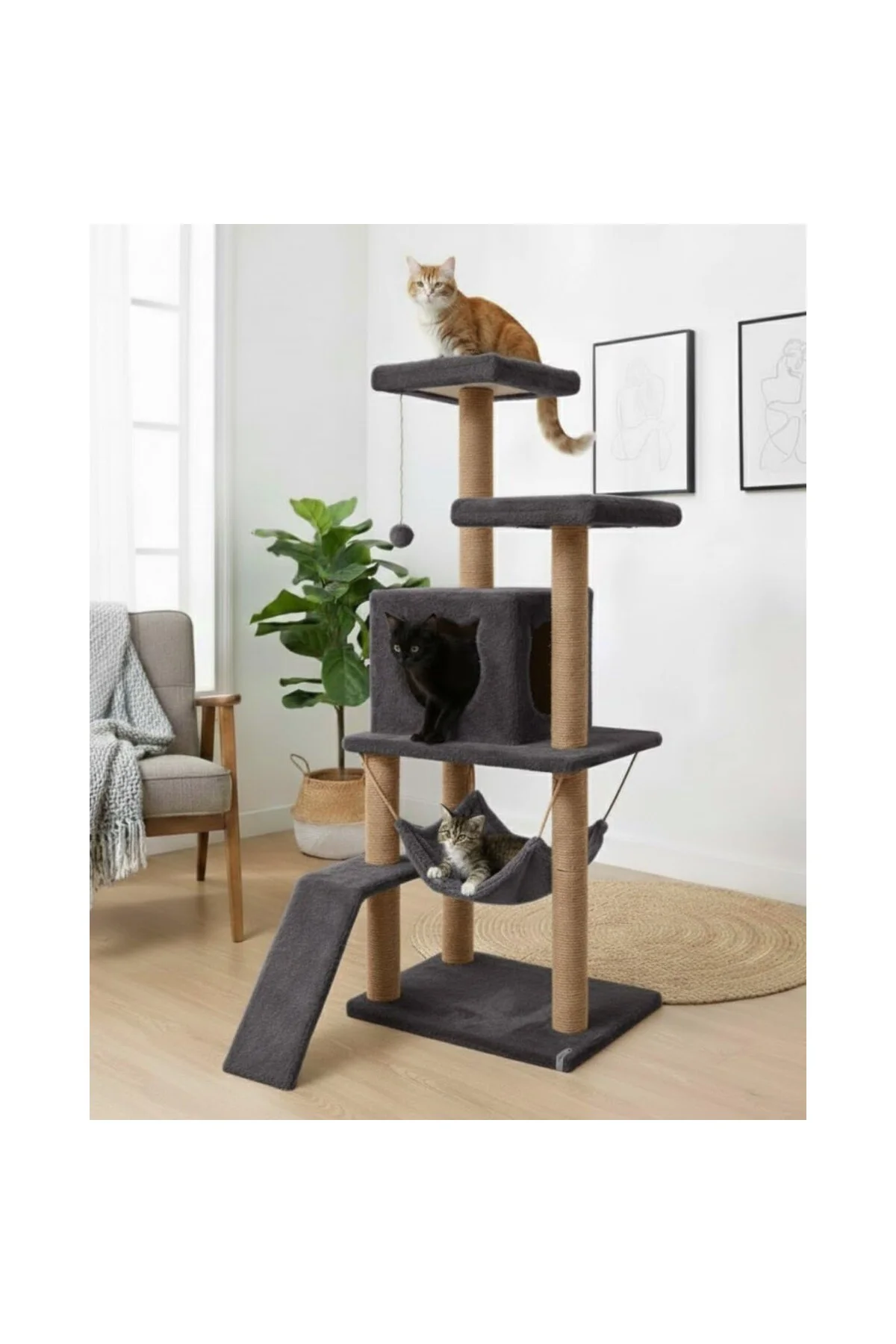 Reyo Pet S9 Kedi Tırmalama Kulesi Platformlu 124 cm Antrasit