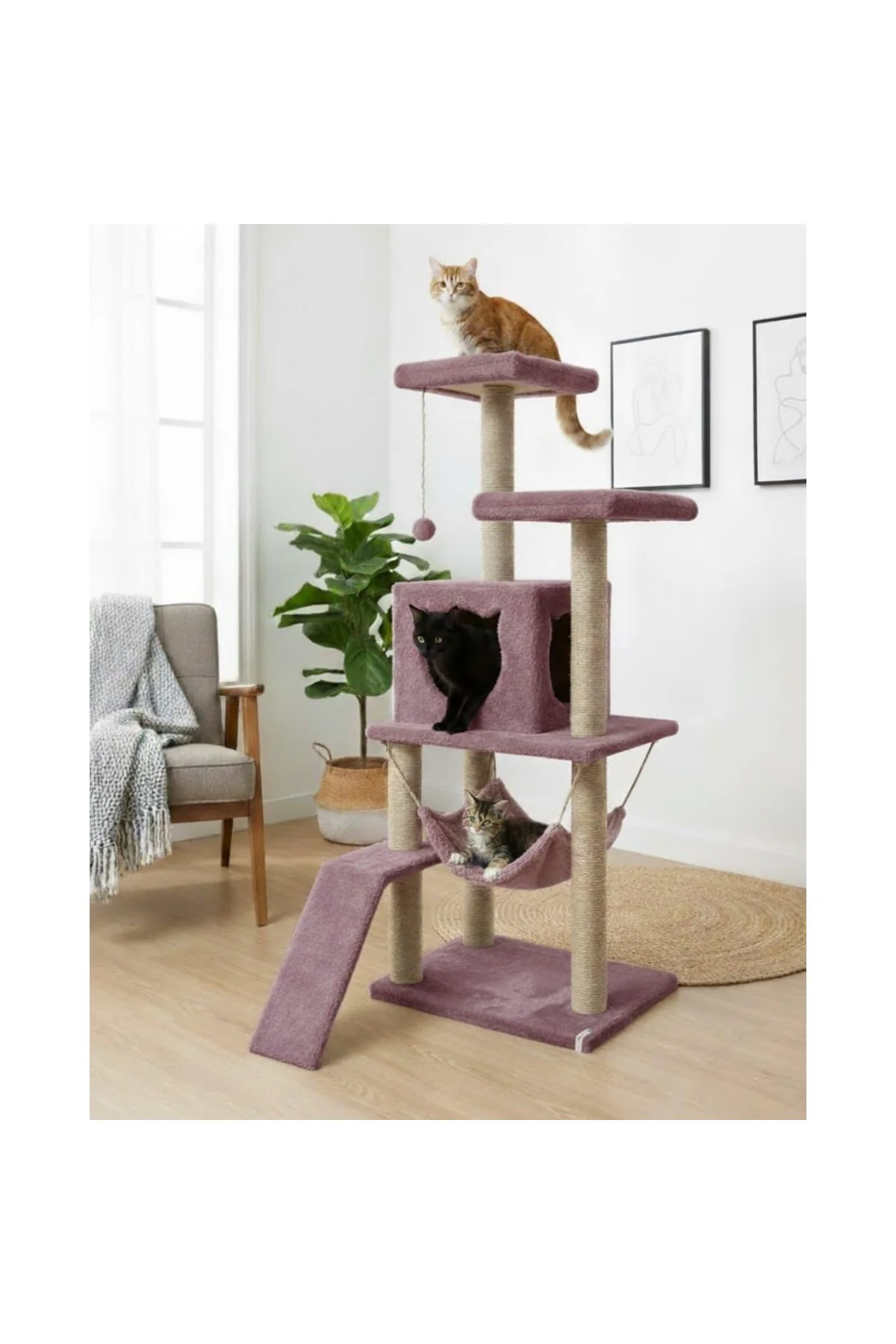Reyo Pet S9 Kedi Tırmalama Kulesi Platformlu 124 cm Gül Kurusu