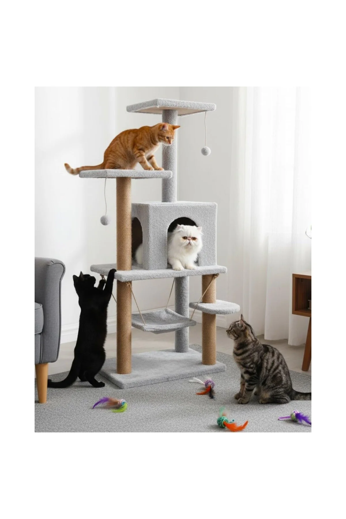Reyo Pet Y01 Salıncaklı Yuvalı Lüx Kedi Tırmalama Oyun Evi Gri