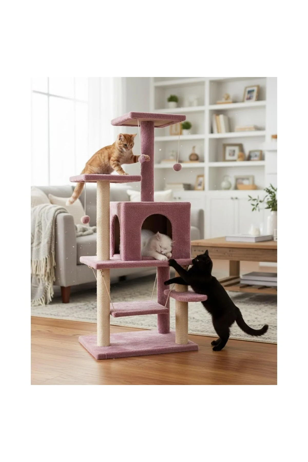 Reyo Pet Y01 Salıncaklı Yuvalı Lüx Kedi Tırmalama Oyun Evi Gül Ku