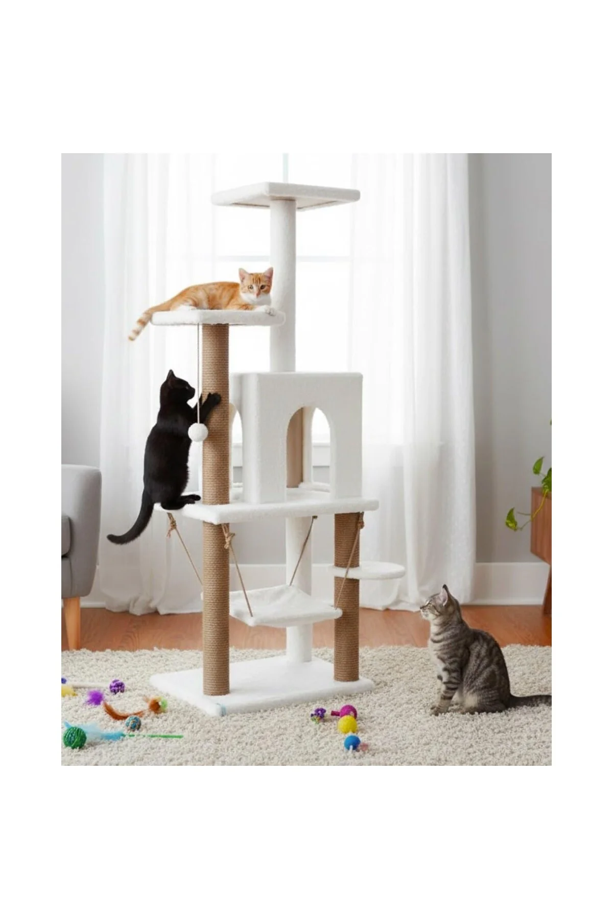 Reyo Pet Y01 Salıncaklı Yuvalı Lüx Kedi Tırmalama Oyun Evi Beyaz