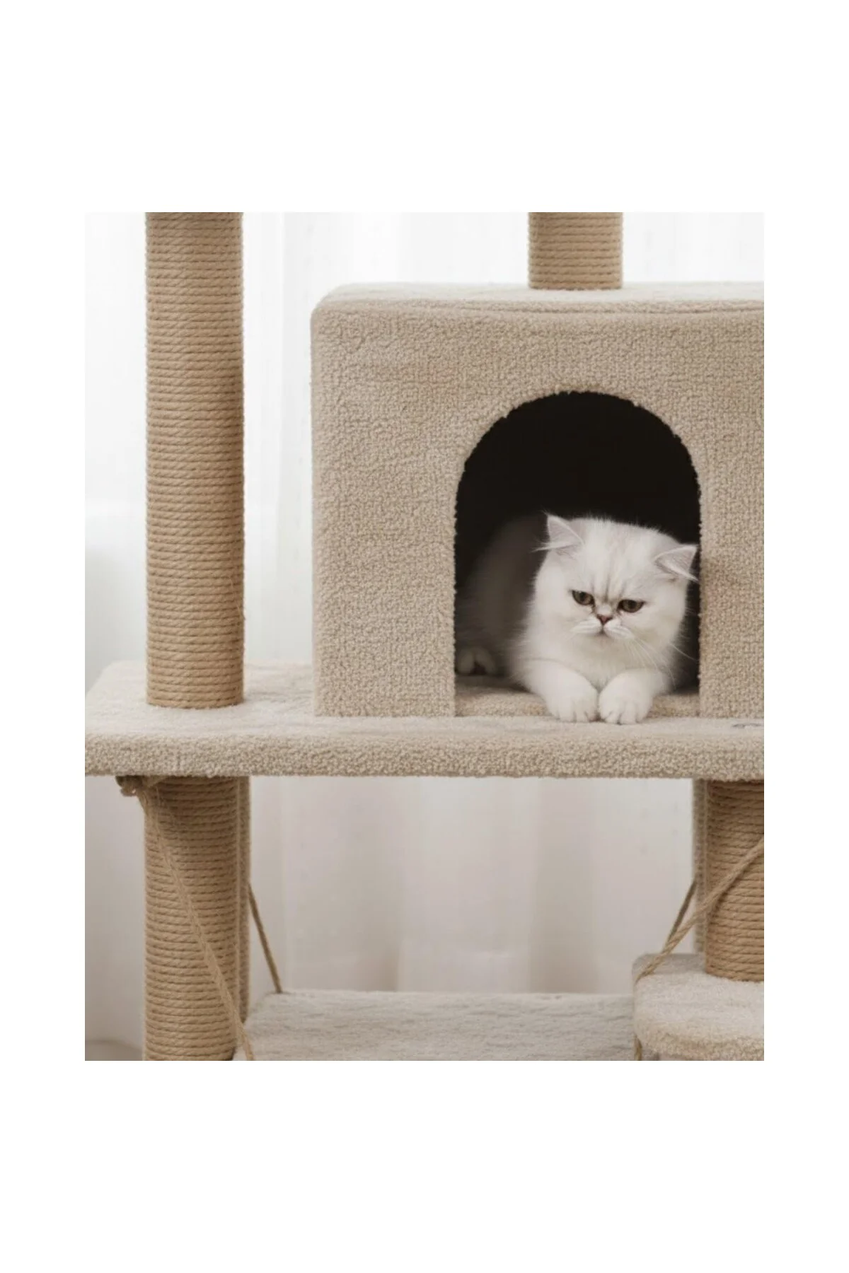 Reyo Pet Y01 Salıncaklı Yuvalı Lüx Kedi Tırmalama Oyun Evi Bej