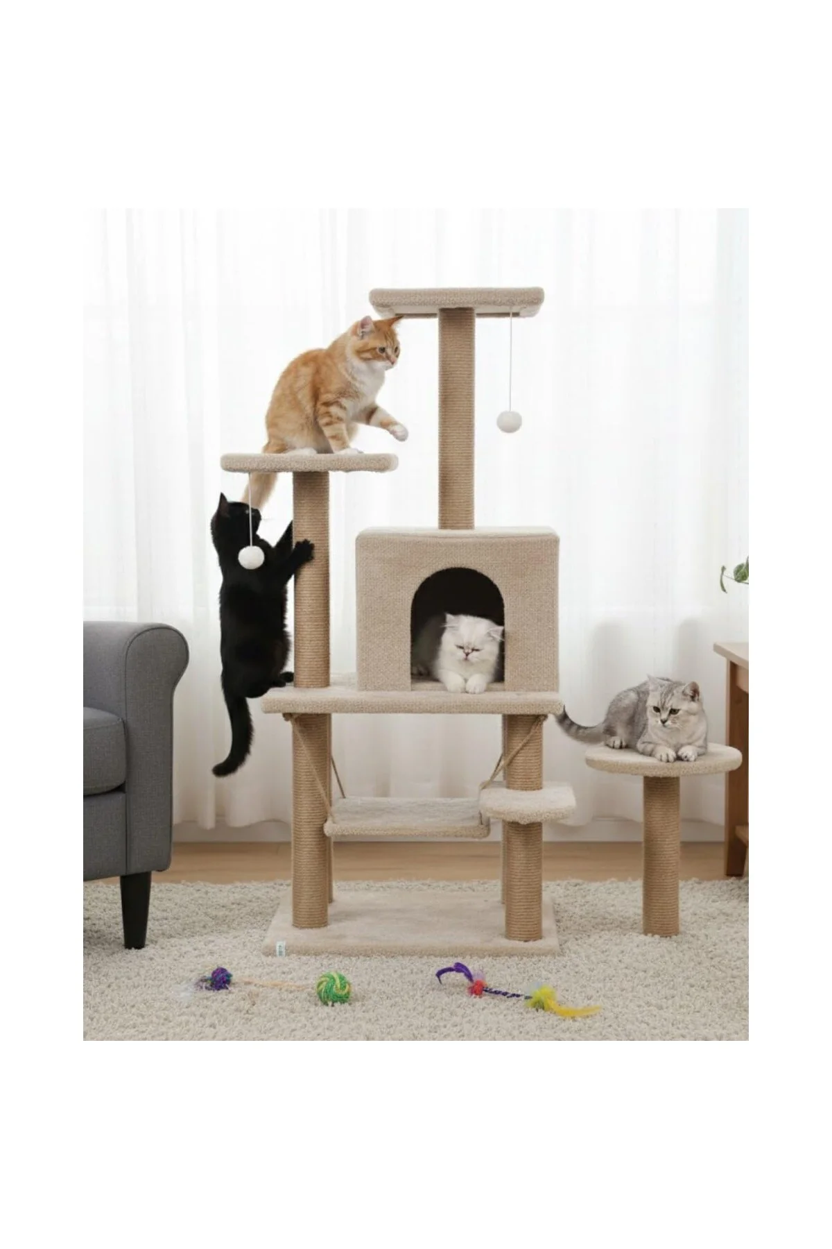 Reyo Pet Y01 Salıncaklı Yuvalı Lüx Kedi Tırmalama Oyun Evi Bej