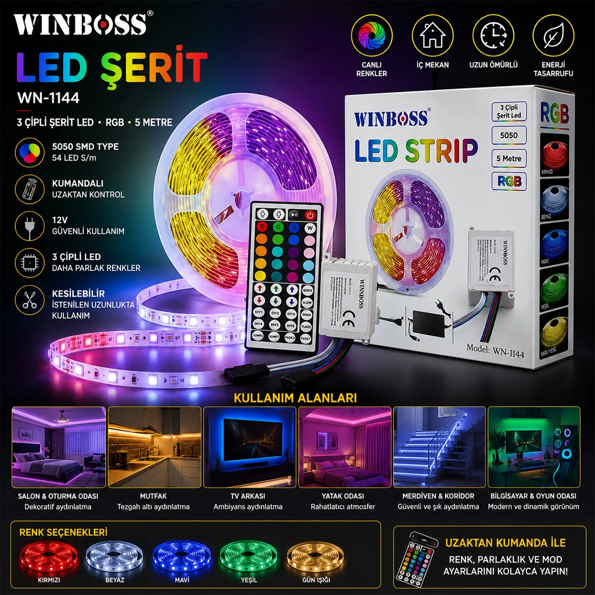 Rgb 3ÇİP Kumandalı Şerit Led 5MT Fiyatı, Yorumları ve Özellikleri