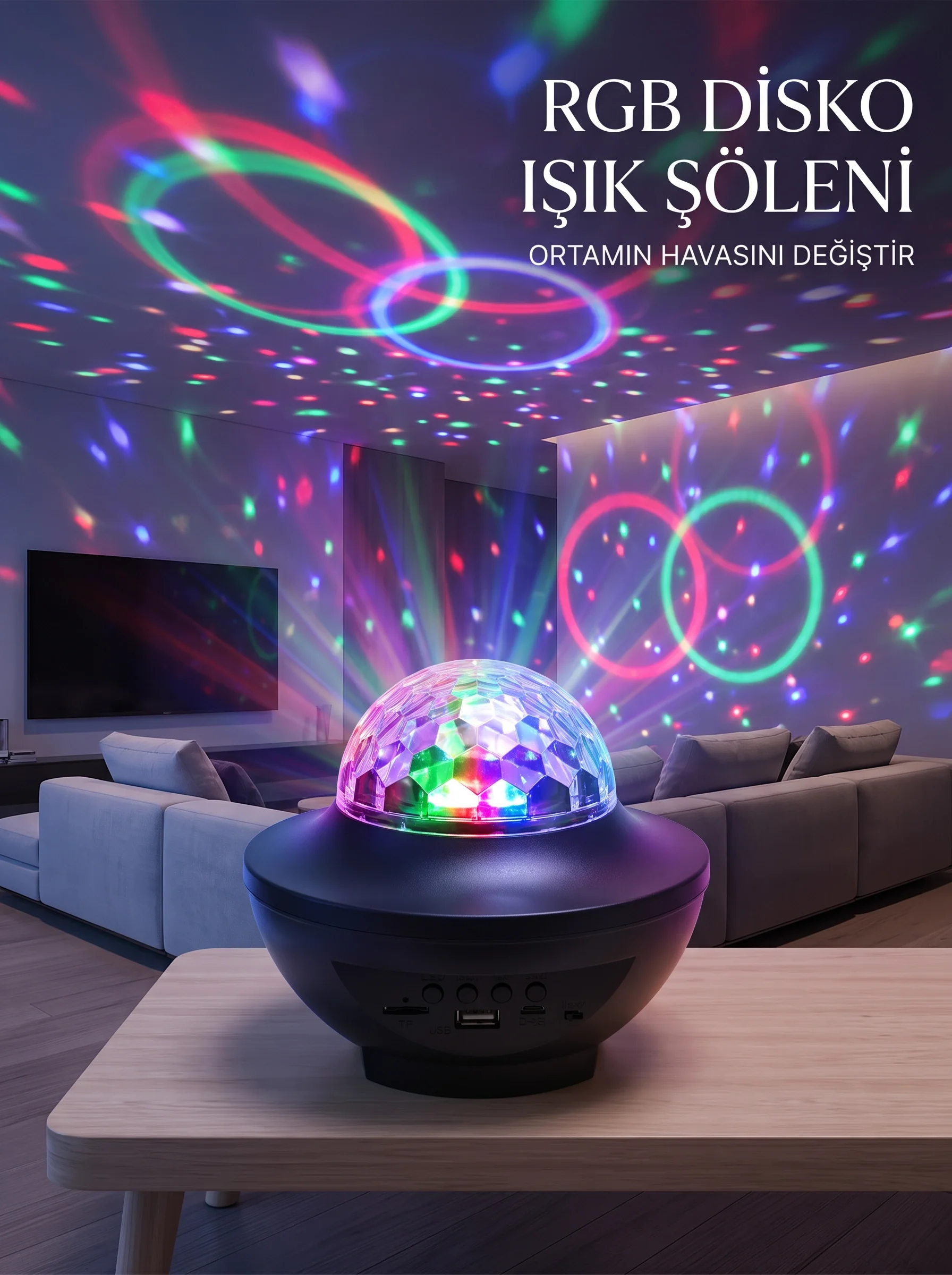 RGB Bluetooth Disko Lambası Dahili Hoparlörlü Müzikli Parti Işığı USB ve TF Kartlı Fiyatı, Yorumları ve Özellikleri