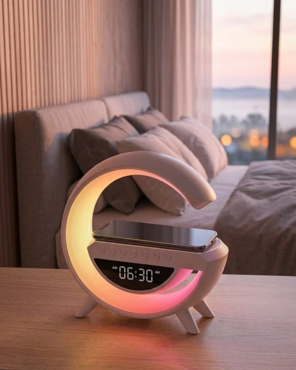 RGB Gece Lambalı Kablosuz Şarjlı Bluetooth Hoparlör ve Dijital Saat Seti