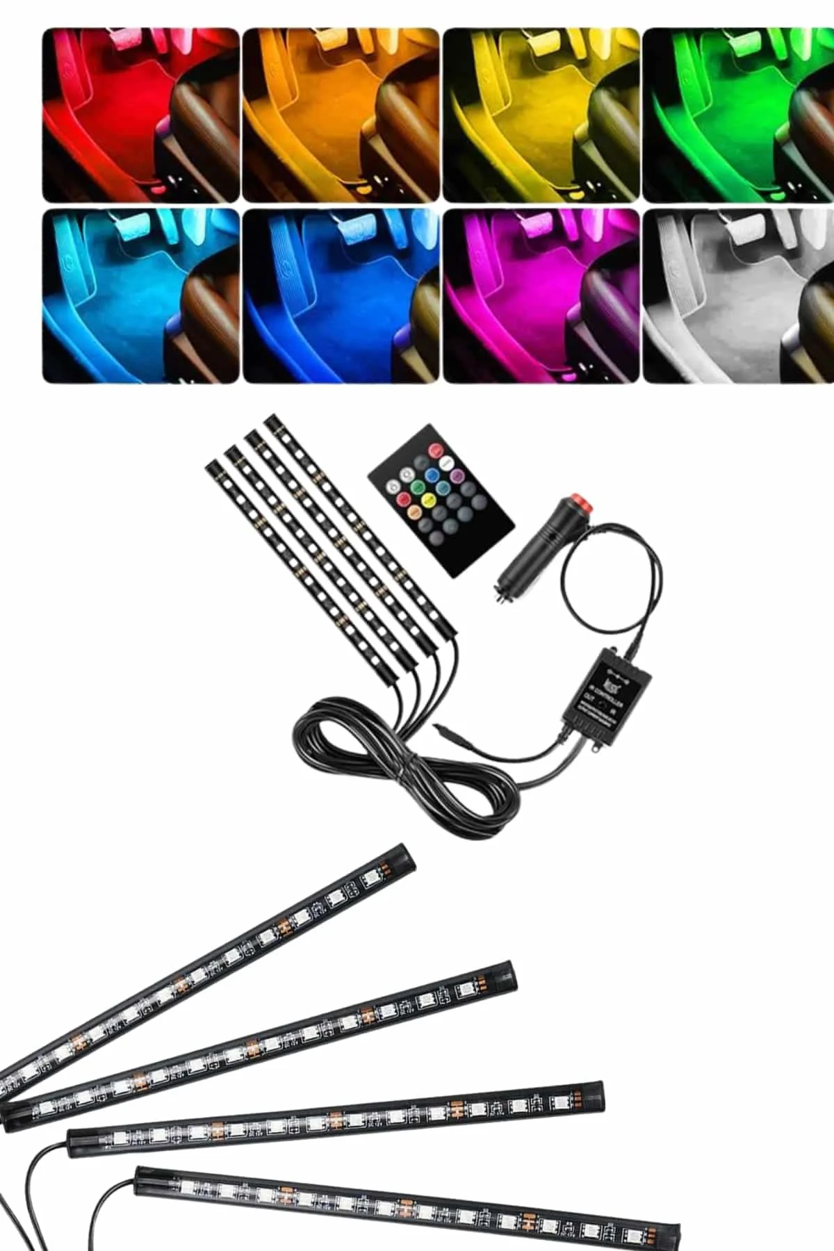 RGB Işıklı Araç İçi Aydınlatma Kumandalı 12'li Led Işık Renk Deği RGB Işıklı Araç İçi Aydınlatma Kumandalı 12'li Led Işık Renk Deği