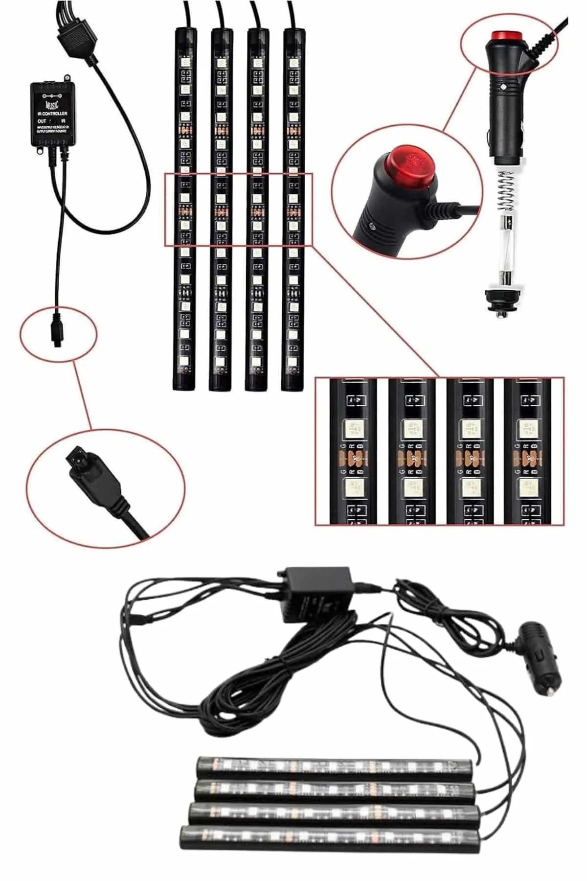 Rgb Işıklı Araç İçi Aydınlatma Kumandalı 12'li Led Işık Renk Deği