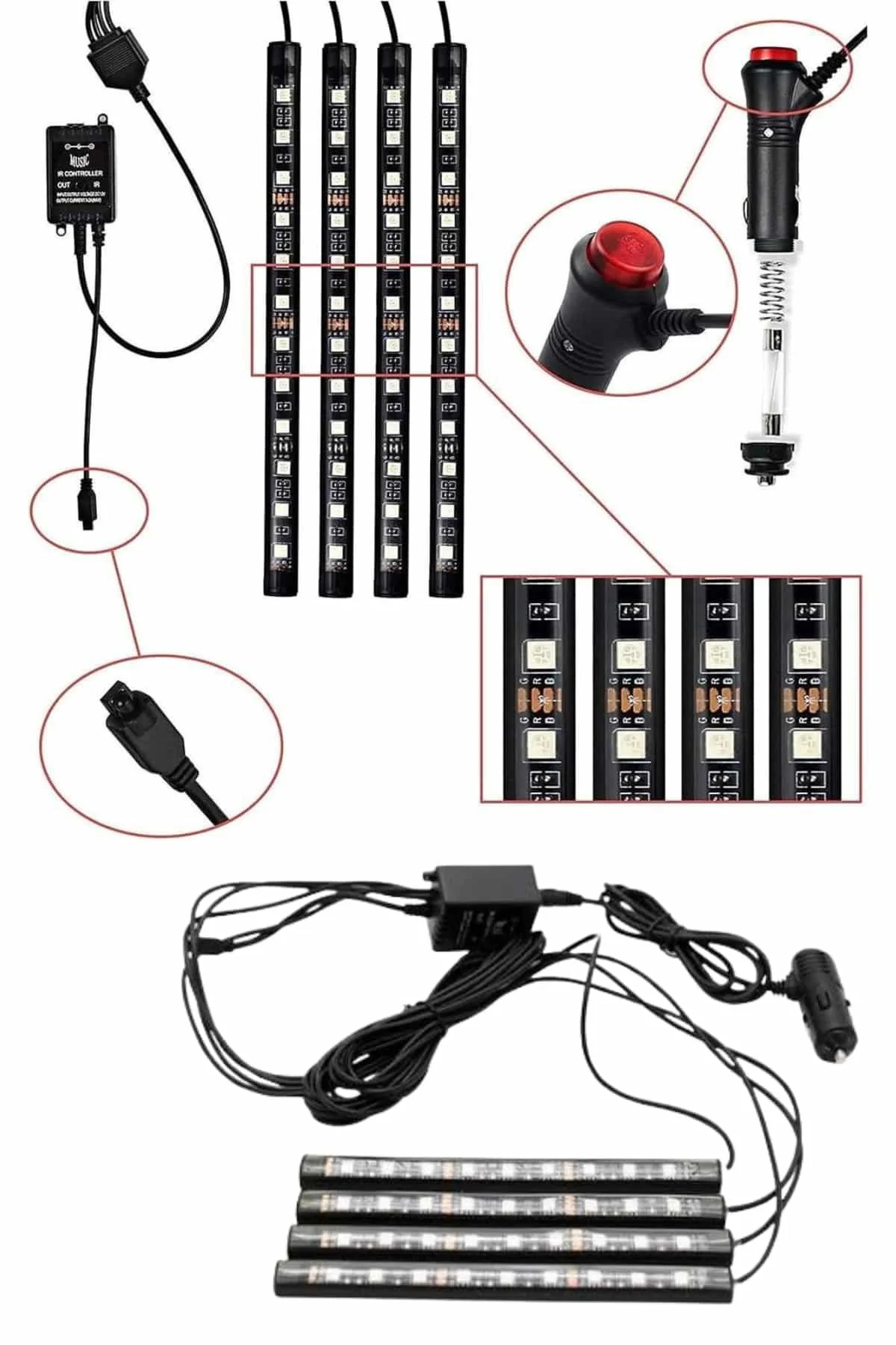 RGB Işıklı Araç İçi Aydınlatma Kumandalı 12'li Led Işık Renk Deği RGB Işıklı Araç İçi Aydınlatma Kumandalı 12'li Led Işık Renk Deği