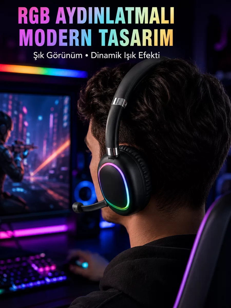 RGB Işıklı Bluetooth Mikrofonlu Kulaklık Uzun Süreli Kullanım Typ
