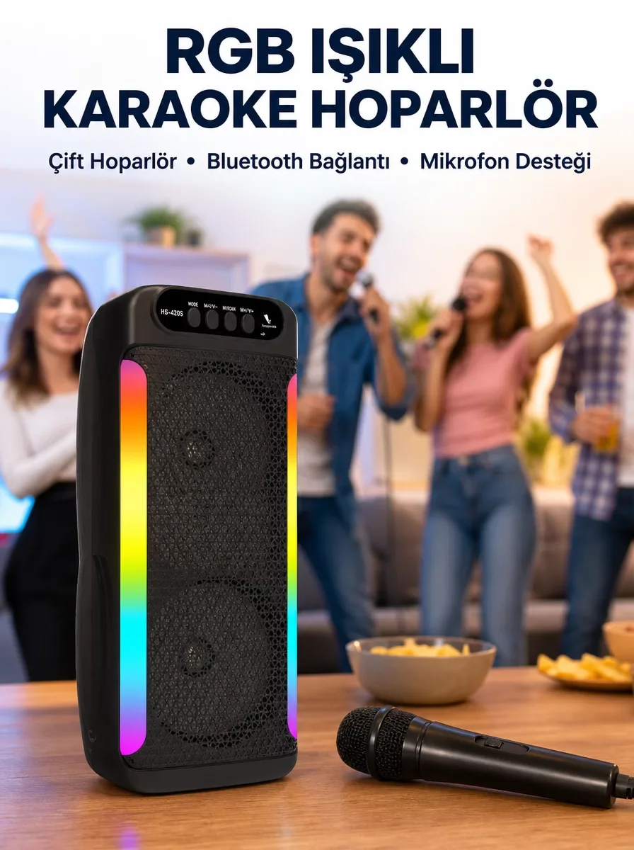 RGB Işıklı Çift Hoparlörlü Taşınabilir Bluetooth Speaker ve Karaoke Mikrofon - Yeni Nesil