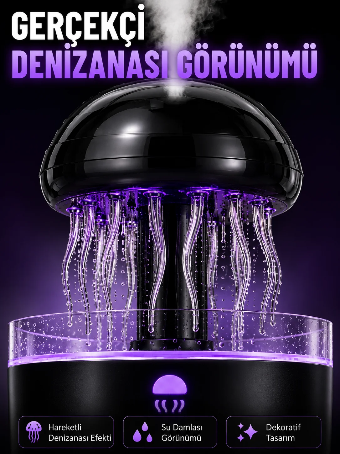 RGB Işıklı Denizanası Hava Nemlendirici Ultrasonik Buhar Makinesi 2H 4H 8H Zamanlayıcılı