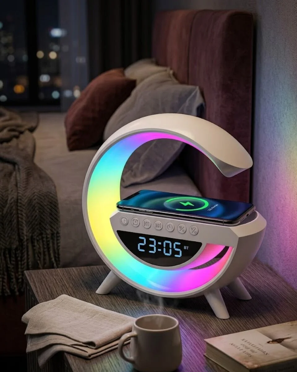 RGB Işıklı Kablosuz Şarjlı Bluetooth Hoparlör Saat ve Alarm - Çok Fonksiyonlu Ev Aleti