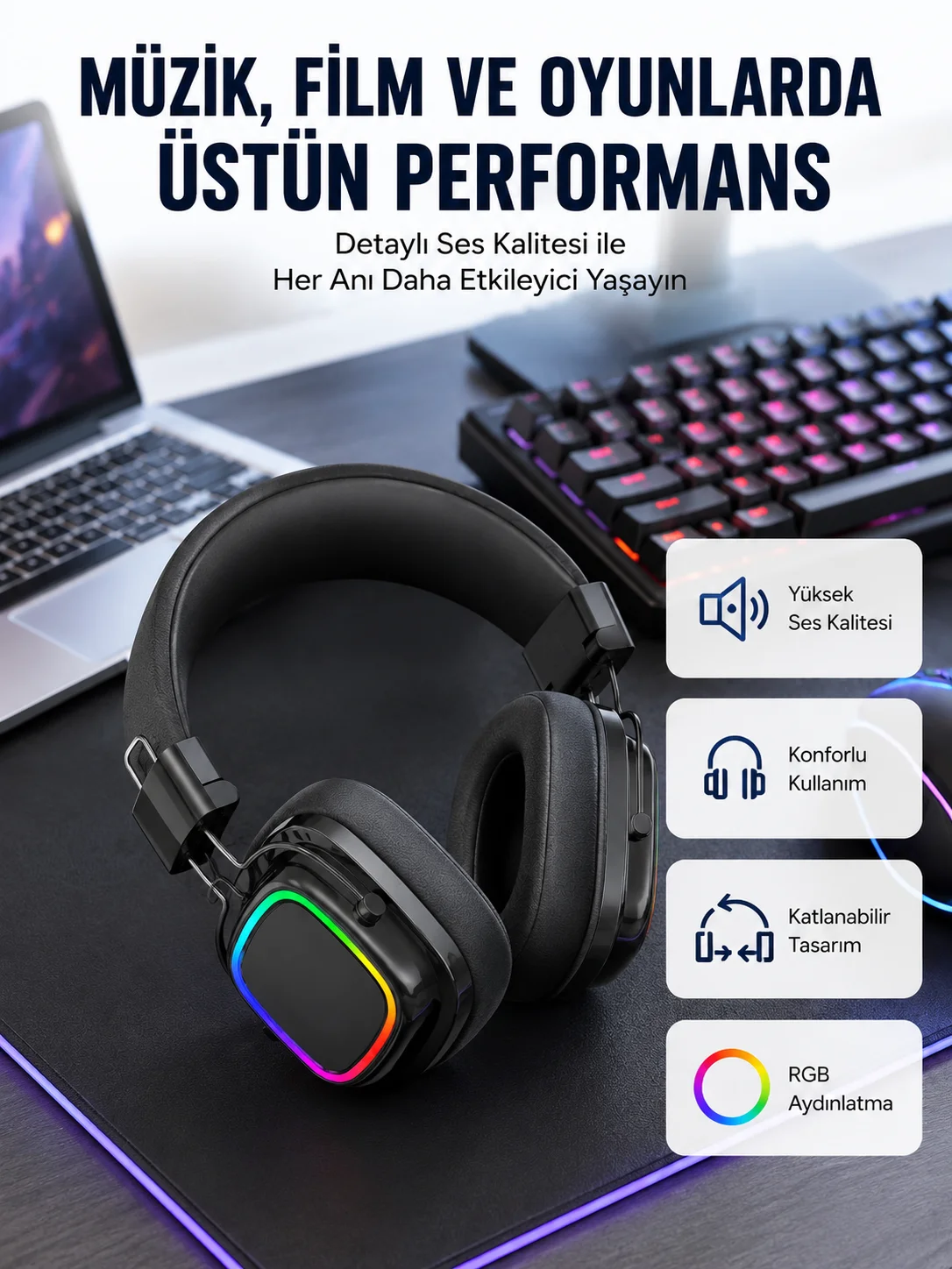 RGB Işıklı Katlanabilir Bluetooth 5.3 Kulak Üstü Kulaklık