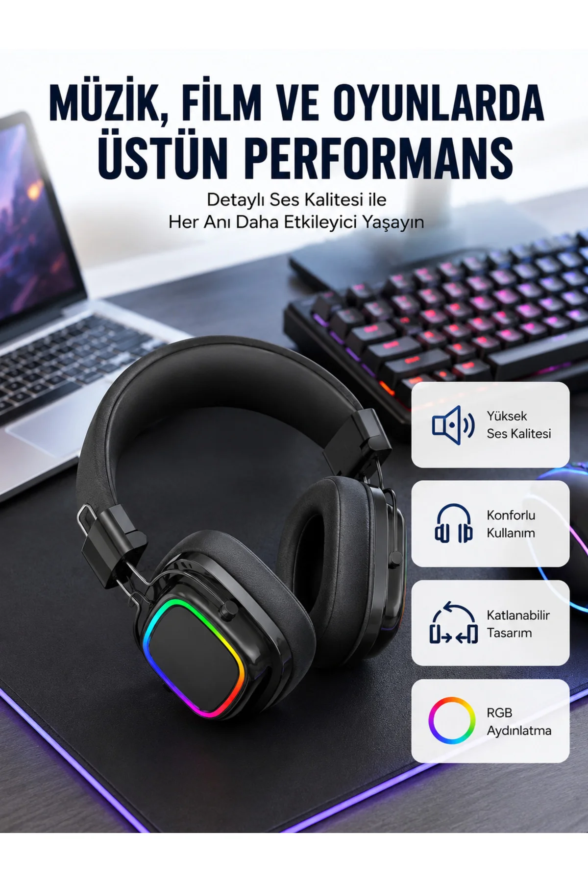 RGB Işıklı Katlanabilir Bluetooth 5.3 Kulak Üstü Kulaklık RGB Işıklı Katlanabilir Bluetooth 5.3 Kulak Üstü Kulaklık