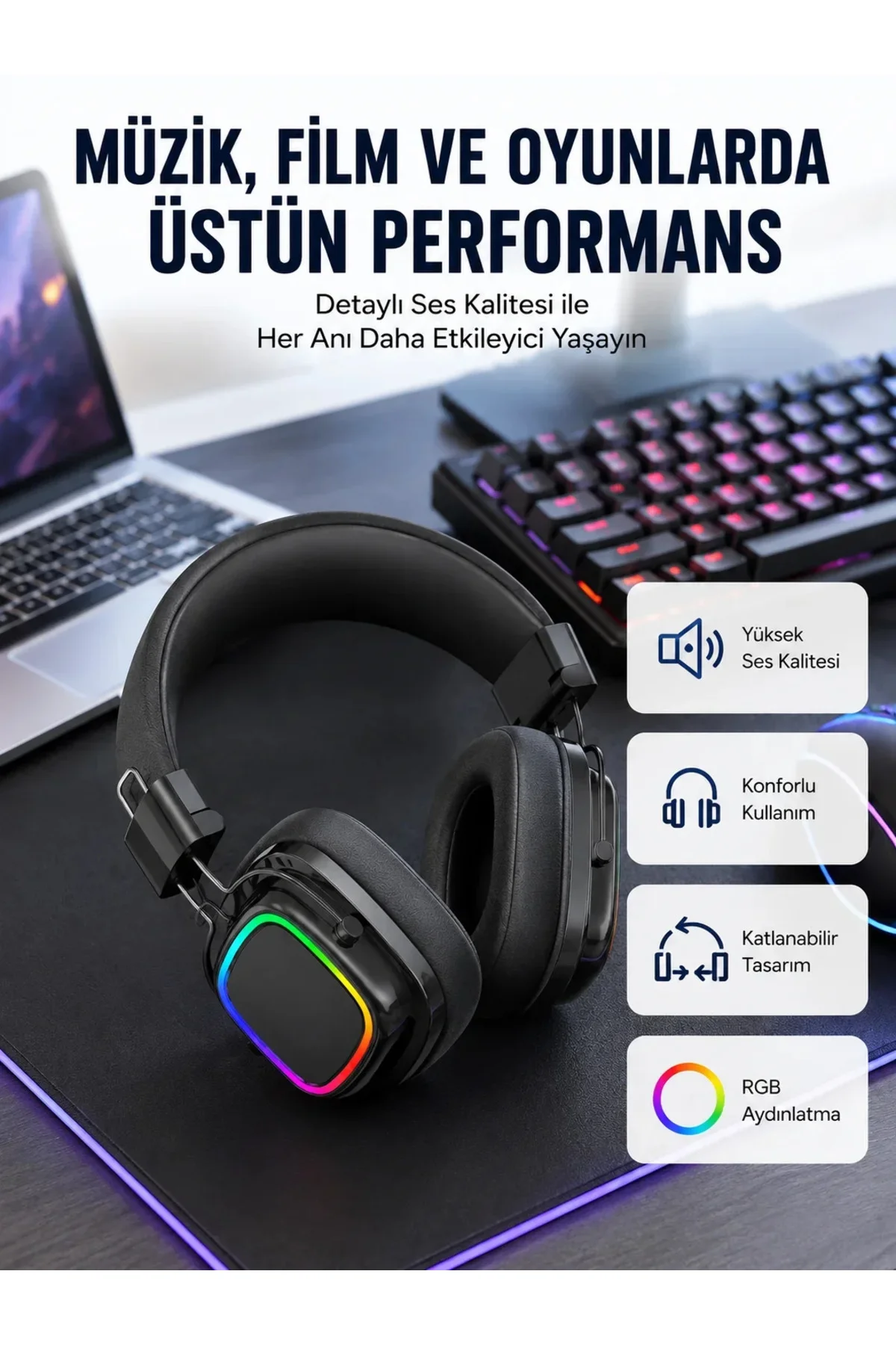 RGB Işıklı Katlanabilir Bluetooth 5.3 Kulak Üstü Kulaklık RGB Işıklı Katlanabilir Bluetooth 5.3 Kulak Üstü Kulaklık