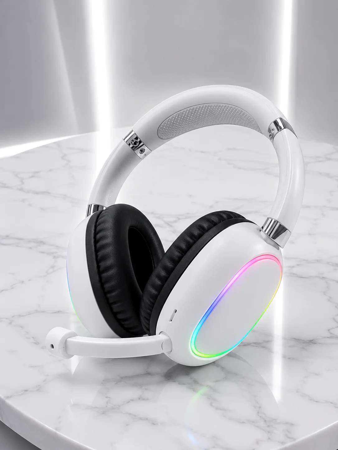 RGB Işıklı Mikrofonlu Bluetooth Kulaklık Beyaz Over-Ear Tasarım Type-C Şarjlı