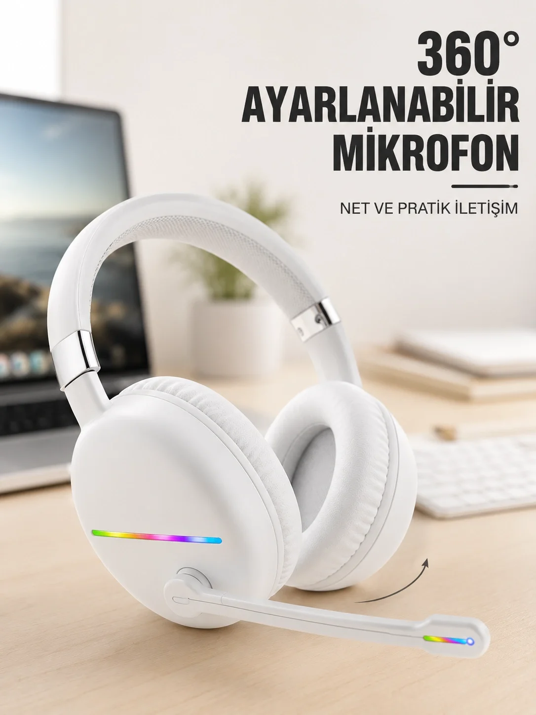 RGB Işıklı Mikrofonlu Bluetooth Kulaklık Beyaz Over-Ear Tasarım Type-C Şarjlı RGB Işıklı Mikrofonlu Bluetooth Kulaklık Beyaz Over-Ear Tasarım Type-C Şarjlı