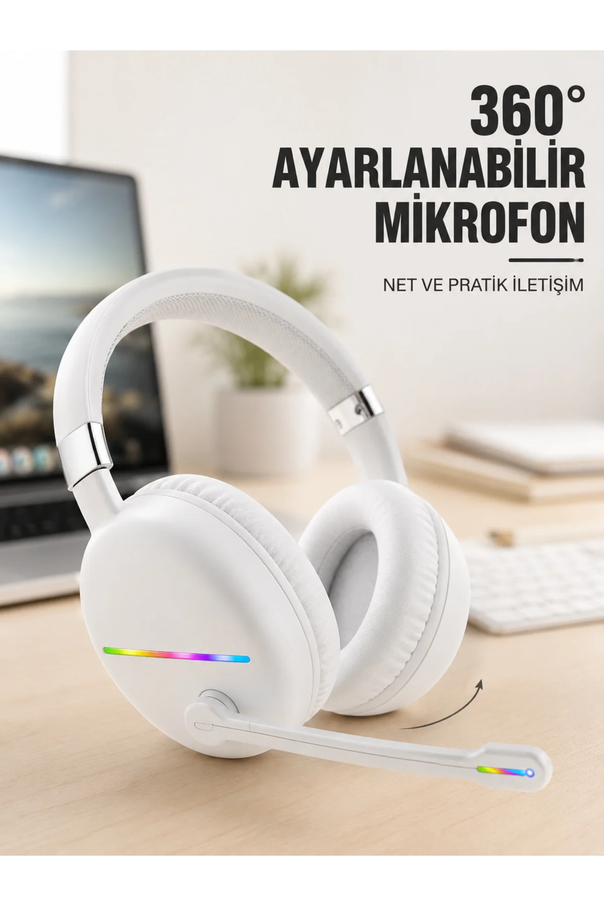 RGB Işıklı Mikrofonlu Bluetooth Kulaklık Beyaz Over-Ear Tasarım Type-C Şarjlı RGB Işıklı Mikrofonlu Bluetooth Kulaklık Beyaz Over-Ear Tasarım Type-C Şarjlı