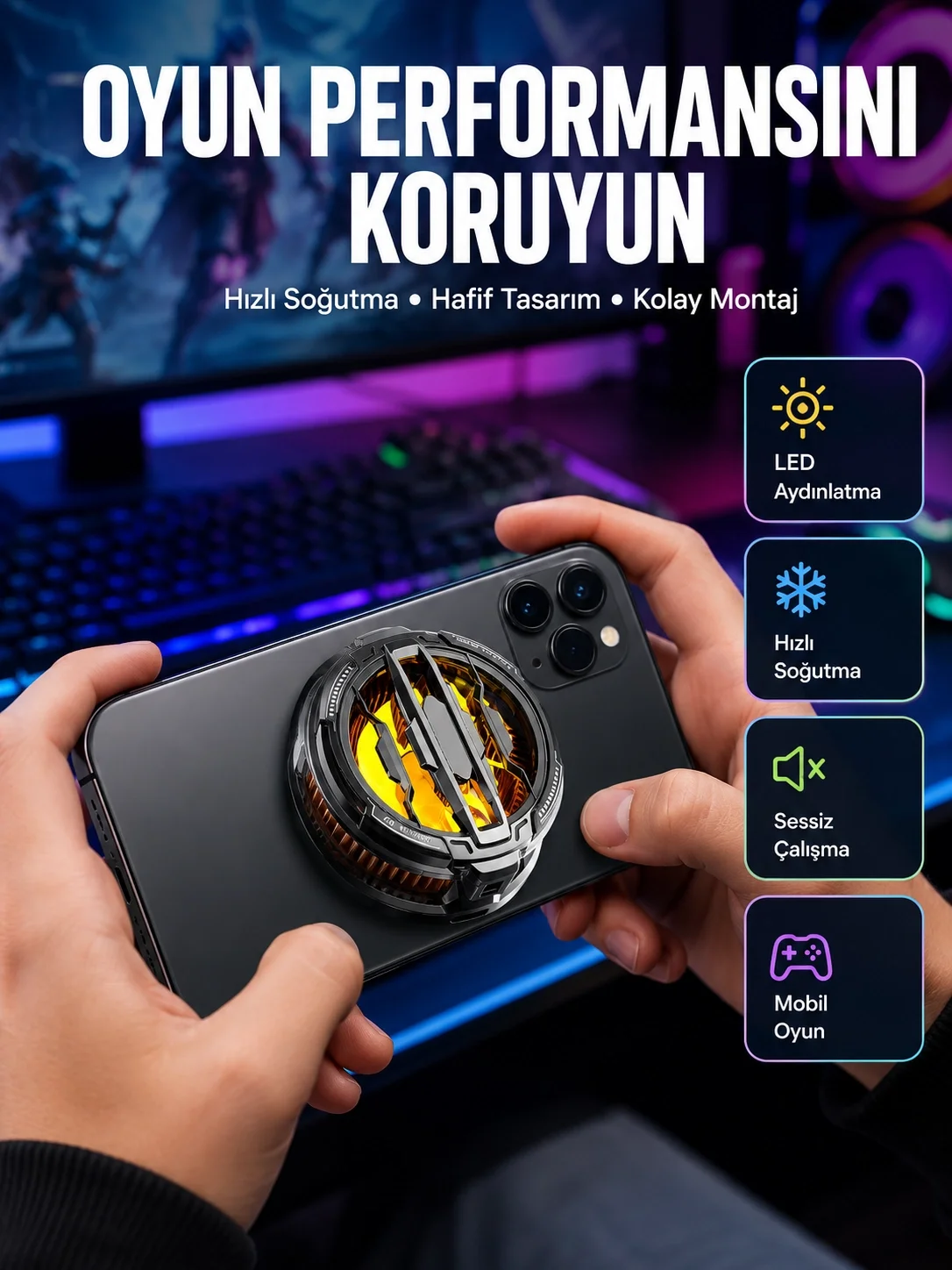 RGB Işıklı Sessiz Fanlı Telefon Soğutucu